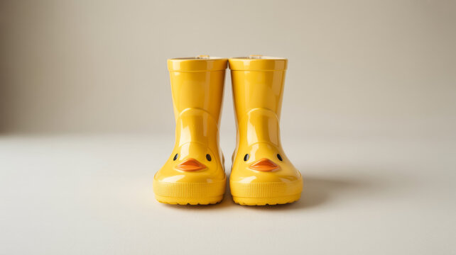 Yellow rubber duck rain boots for children on white background