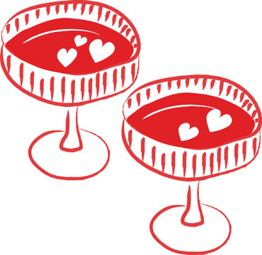 Hand-drawn pair of champagne coupe glasses filled with drink and hearts isolated on white background. A whimsical brush stroke illustration for wedding toasts, Valentine's Day, romantic celebrations.