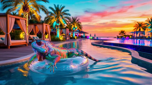Relaxed green iguana wearing sunglasses floating on an inflatable ring in a luxury pool at sunset. Summer vacation, funny animal concept, tropical resort lifestyle, chill mood.
