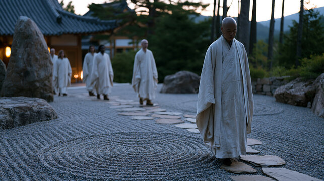 Zen abbot leading small group of international retreat participants through raked gravel garden at dusk, twilight blue hour softening temple rooflines beyond, each figure in slow