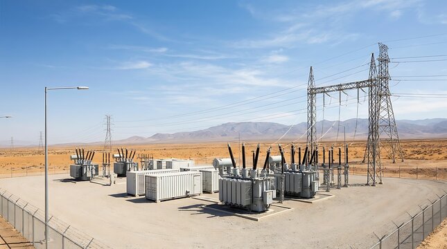 Outdoor electrical substation with transformers and power lines against a mountain landscape and blue sky, technology and infrastructure in remote arid environment.