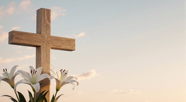 rustic wooden Christian cross stands prominently alongside a cluster of blooming white Easter lilies against a soft, bright morning sky with gentle clouds.