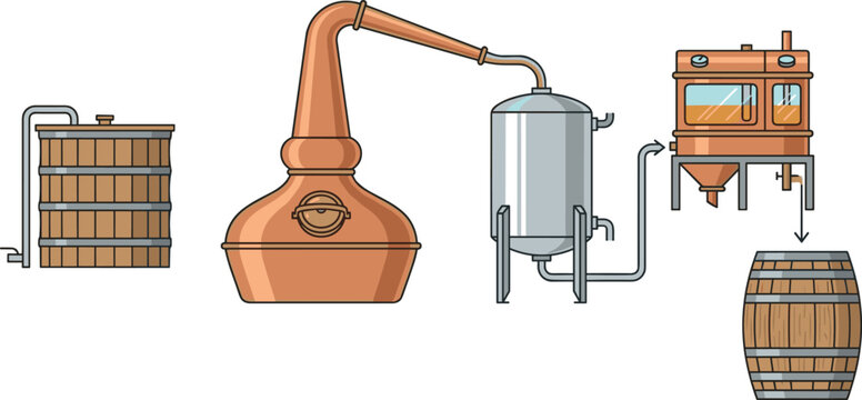 Alcohol Distillation Process Infographic Diagram with Copper Pot Still Wooden Fermentation Tank Condenser and Aging Barrel for Whiskey and Brandy Production