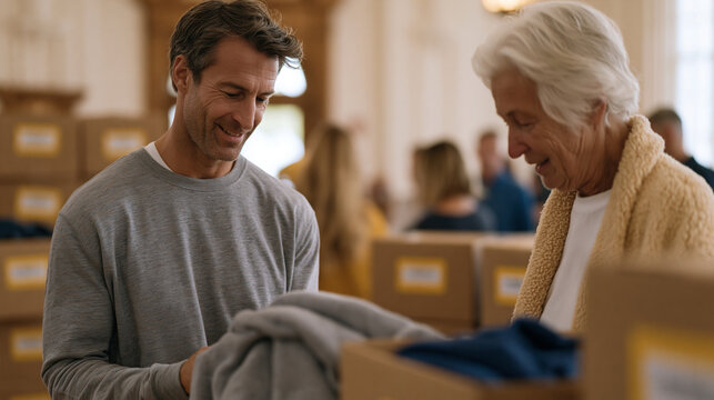Congregation volunteers organizing autumn community coat and food pantry event in parish hall, faith leadership assisting elderly visitor with warm coat selection, labeled