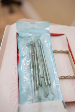 Sterile Dental Instruments Sealed in Blue Sterilisation Pouch