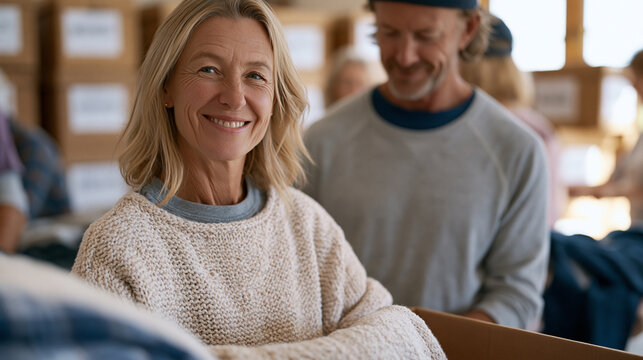 Congregation volunteers organizing autumn community coat and food pantry event in parish hall, faith leadership assisting elderly visitor with warm coat selection, labeled