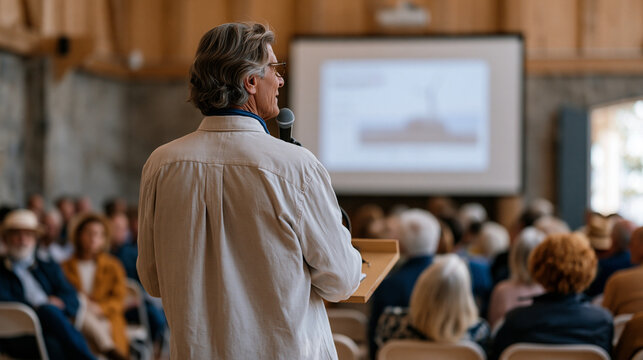 Senior energy cooperative board member standing at a podium addressing a community hall filled with rural residents, projection screen behind showing wind turbine output data,