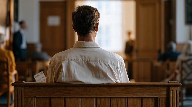 A man in a collared shirt sits alone on a wooden bench in a court anteroom, a numbered docket ticket in his hand, other individuals seated far apart, a bailiff standing near a