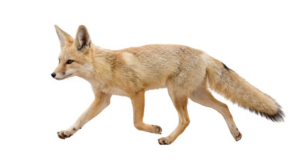 Obraz premium Pale swift corsac fox walking cautiously across a clean white studio background showcasing its soft tan fur pointed ears bushy tail and alert expression in this detailed side profile view