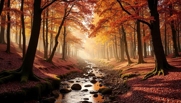 The image shows an autumn forest with a stream, bathed in sunlight