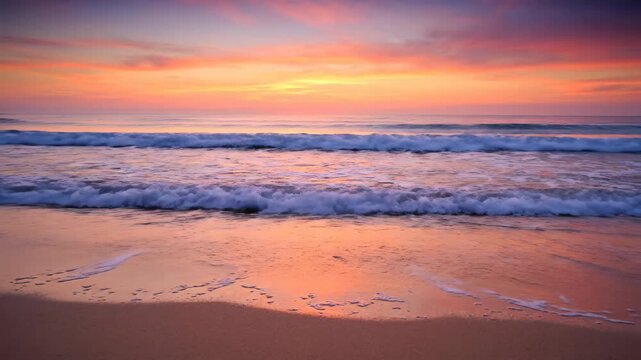 Sunset by the sea waves crash on the beach, beautiful sunset waves on the beach