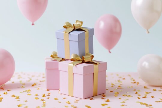 The Gift Boxes Celebration Scene with pastel presents and balloons