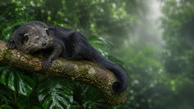 Binturong Resting on Rainforest Branch With Copy Space