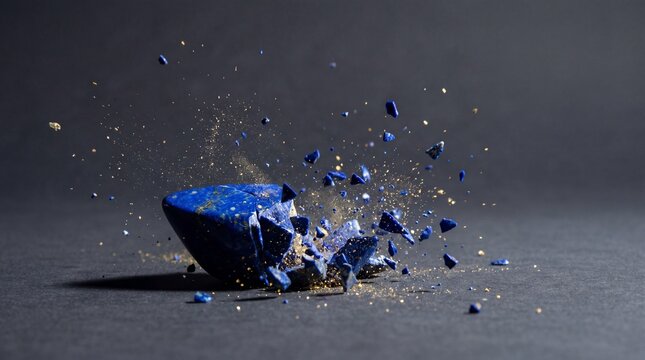 High speed explosion of a blue lapis lazuli gemstone shattering into tiny pieces with flying gold dust