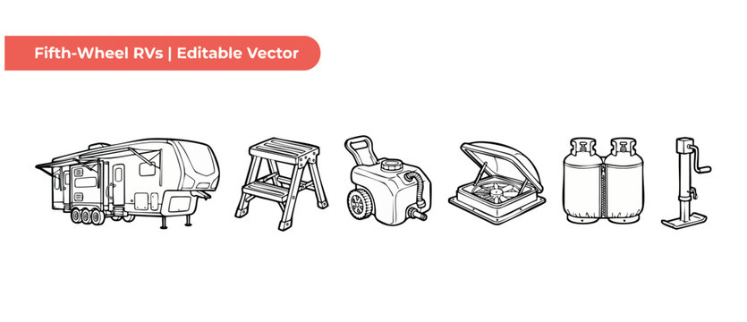 Fifth wheel RV accessories vector sets for camping trip preparation, featuring line art icons of travel trailer, propane gas cylinders, step stool, portable sewer tank, stabilizer jack, roof vent fan.