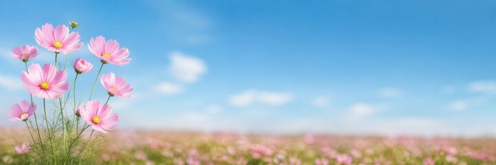 Fototapeta premium Cosmos Flowers in Meadow With Pink Copy Space