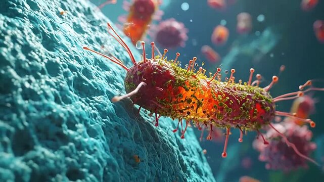 Microscopic view of red bacteria attacking a large blue cell surface
