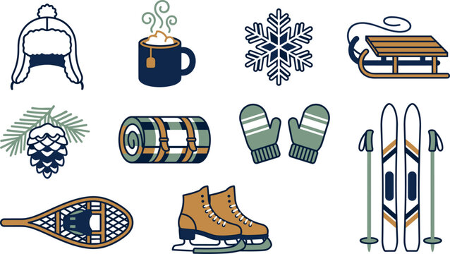 Cozy Winter Activity Icon Set Featuring Ice Skates Skis Wooden Sled Snowshoe Trapper Hat Mittens Snowflake and Hot Cocoa Vector Illustrations