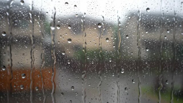Close-up of raindrops on glass, raindrops sliding off the glass outside the window