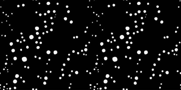 Seamless monochrome polka dot pattern with scattered white circles of various sizes on black background. Minimal abstract texture for textiles, packaging and decor