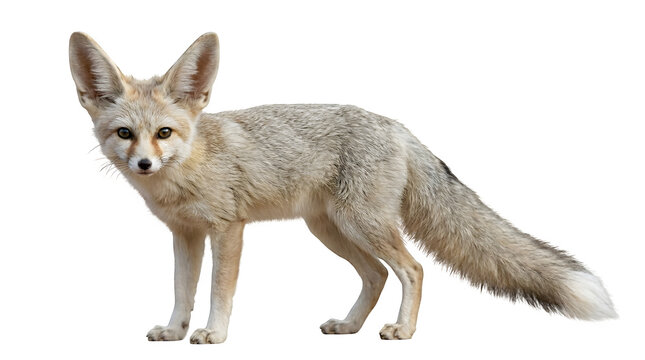 Beautiful pale blanched fennec fox standing gracefully with large alert ears and soft thick fur captured in a high resolution studio portrait against a stark and clean white background setting