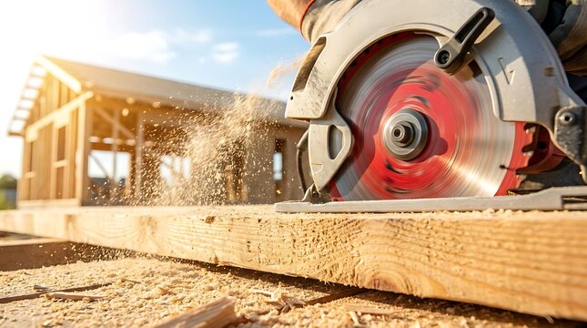 Closeup power circular saw cutting wood plank at construction site with framing lumber and house skeleton under sunny sky sawdust flying action.