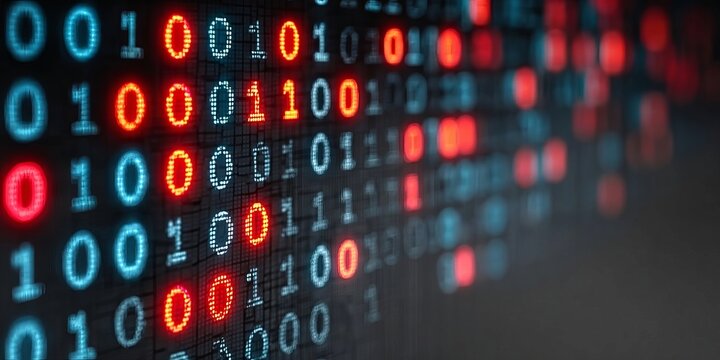 Futuristic binary code digital display featuring programming data in an abstract cyberspace matrix.