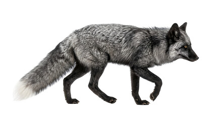 Obraz premium Silver fox with thick fluffy grey fur walking gracefully across a clean white background captured in a sharp side profile view with detailed textures and natural amber colored eye highlights