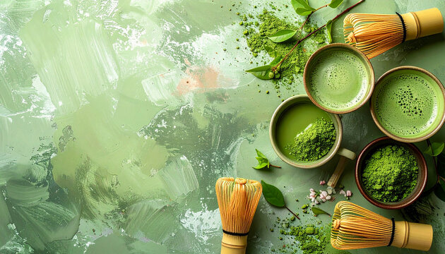 matcha tea on light green pastel background, top view