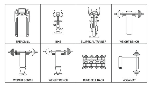 Gym exercise equipment line art vector set treadmills bikes elliptical trainers weight benches dumbbell rack yoga mat on transparent background.