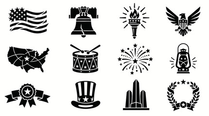Fototapeta premium USA Celebration Black Silhouette Icon Set, American Independence Day Symbols Collection, Patriotic Vector Elements 4K