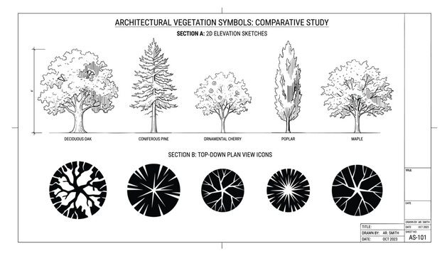 Architectural vegetation symbols comparative study elevation sketches and top down plan view icons.