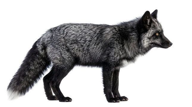 Majestic silver fox standing in profile showing thick dark fur with hints of white highlights and intense golden eyes captured in a sharp studio photograph against a clean white background.