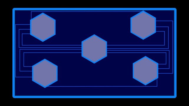 Network diagram with five hexagons connected by blue lines. Information technology network symbol for digital data infrastructure. Animated corporate map.