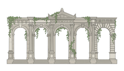 Fototapeta premium Ancient Roman archway with ivy, classical architecture vector illustration on transparent background.