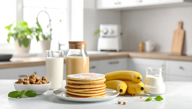 Banana pancake ingredients on kitchen table baking preparation homemade breakfast food scene