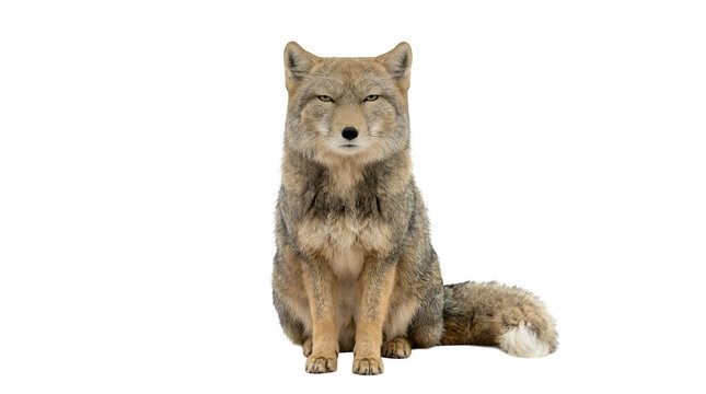 A majestic pampas fox sitting patiently in a studio setting with a clean white background showcasing its dense fur texture and sharp intelligent eyes looking directly at the camera lens.