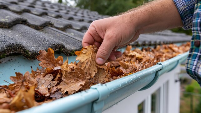 A person uses their hand to remove dry brown autumn leaves from a clogged residential house roof rain gutter system