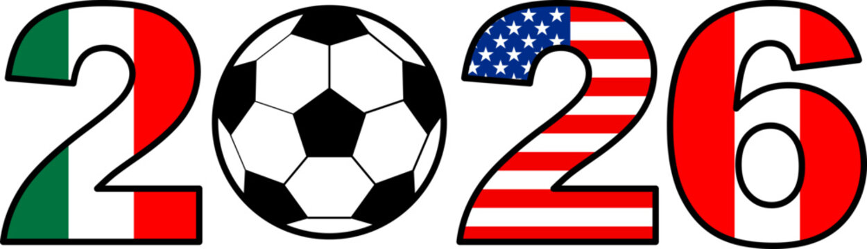 Year 2026 text concept with soccer ball replacing the zero, number typography decorated with flags of Mexico, United States and Canada, global football championship celebration design
