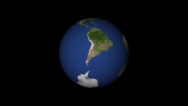 3D globe model of earth showing South America on black screen. World map planet symbol for international geography travel. Animated earth globe graphic.