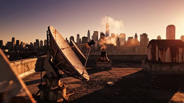 Rusty satellite dish on an urban rooftop at sunset, featuring a weathered parabolic antenna against a New York City skyline with skyscrapers and One World Trade Center.