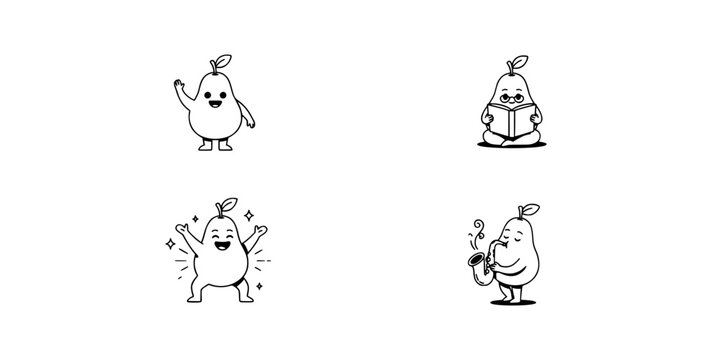 Pear Character Illustration in a 2x2 Grid with Four Anthropomorphic Poses, Faces, and Simple Line-Art Style