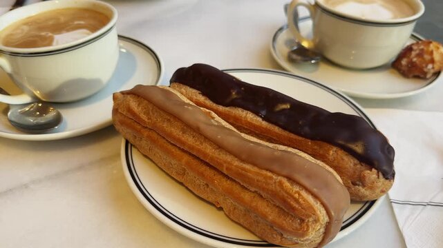 In a French cafe, cups of freshly brewed coffee with milk sit on the table alongside delicious eclairs, a perfect morning treat.