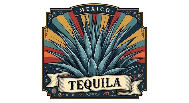 Vintage agave plant tequila poster illustration with sunburst background and decorative frame