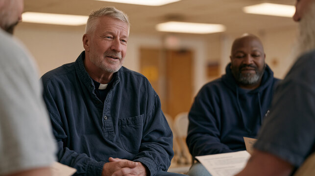 Retired military chaplain co-facilitating faith-based PTSD support circle in VA hospital meeting room, folding chairs in circle, veterans holding printed reflection guides,