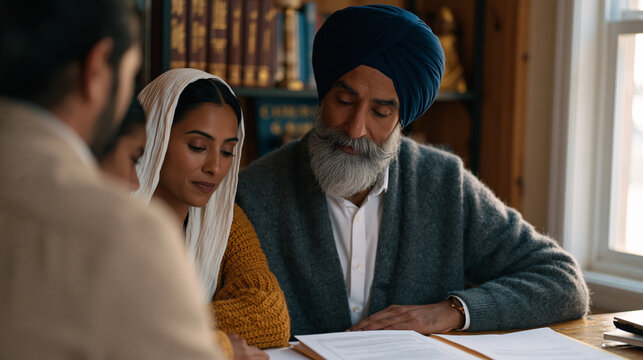 Sikh family consulting with legal aid attorney at community center desk, religious texts and civil rights literature visible on shelving, afternoon light through the office