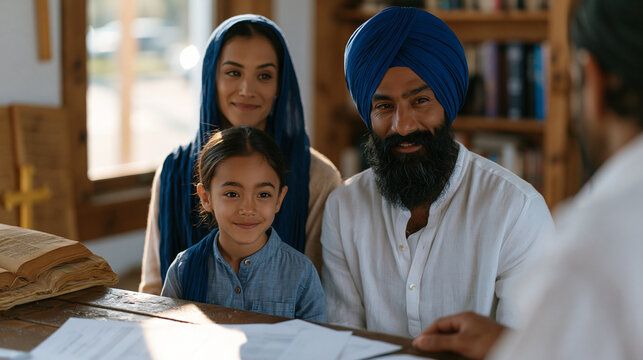 Sikh family consulting with legal aid attorney at community center desk, religious texts and civil rights literature visible on shelving, afternoon light through the office