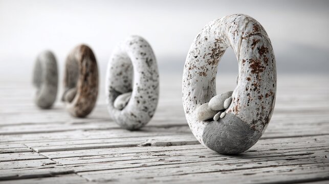 Series of textured, ring-shaped stone sculptures rests upon a distressed wooden surface