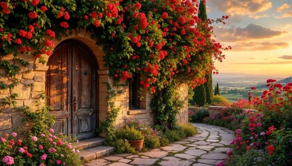 Fototapeta premium The image shows a picturesque stone house in a rural area