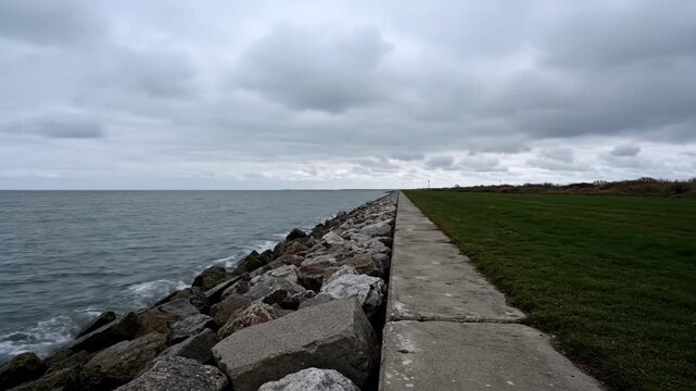 Seaside stone breakwater and grassland landscape, seaside stone embankment path extension